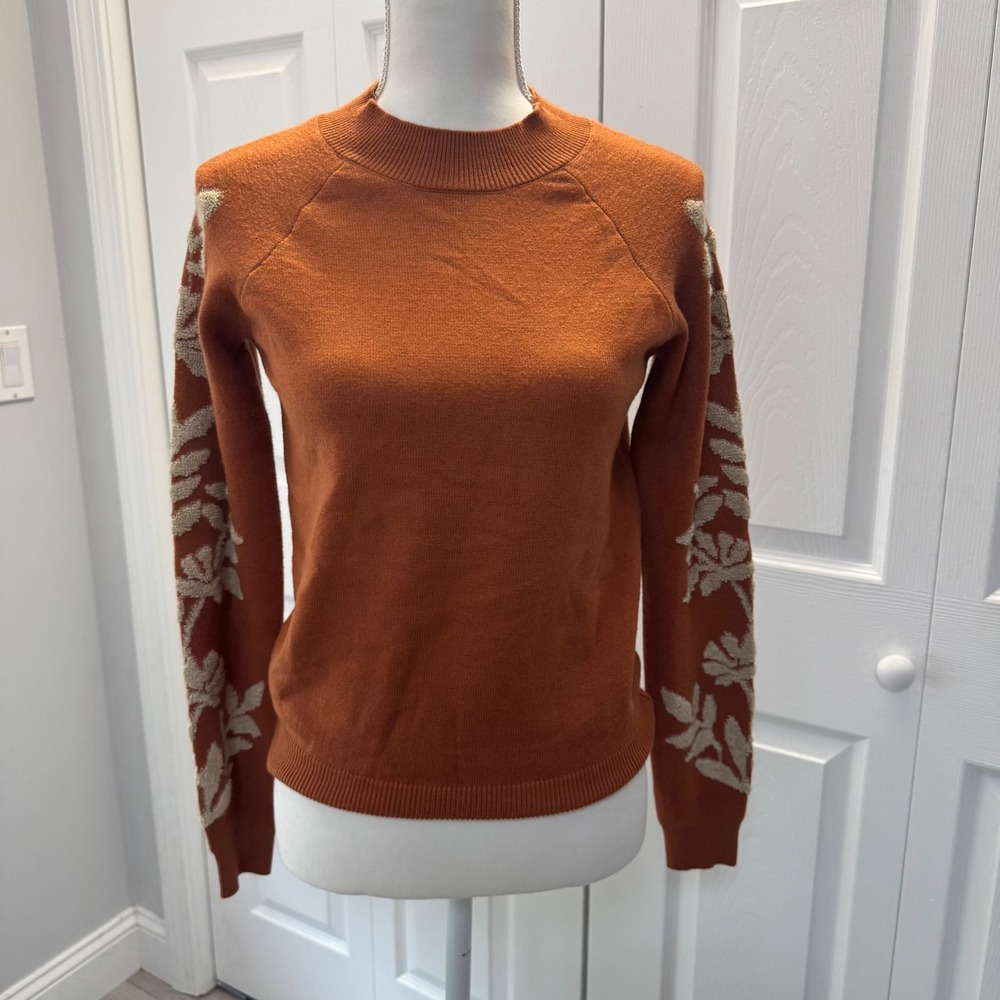 Daniel Rainn Rust Orange Mock Neck Sweater Floral Embroidered Sleeves XS NEW